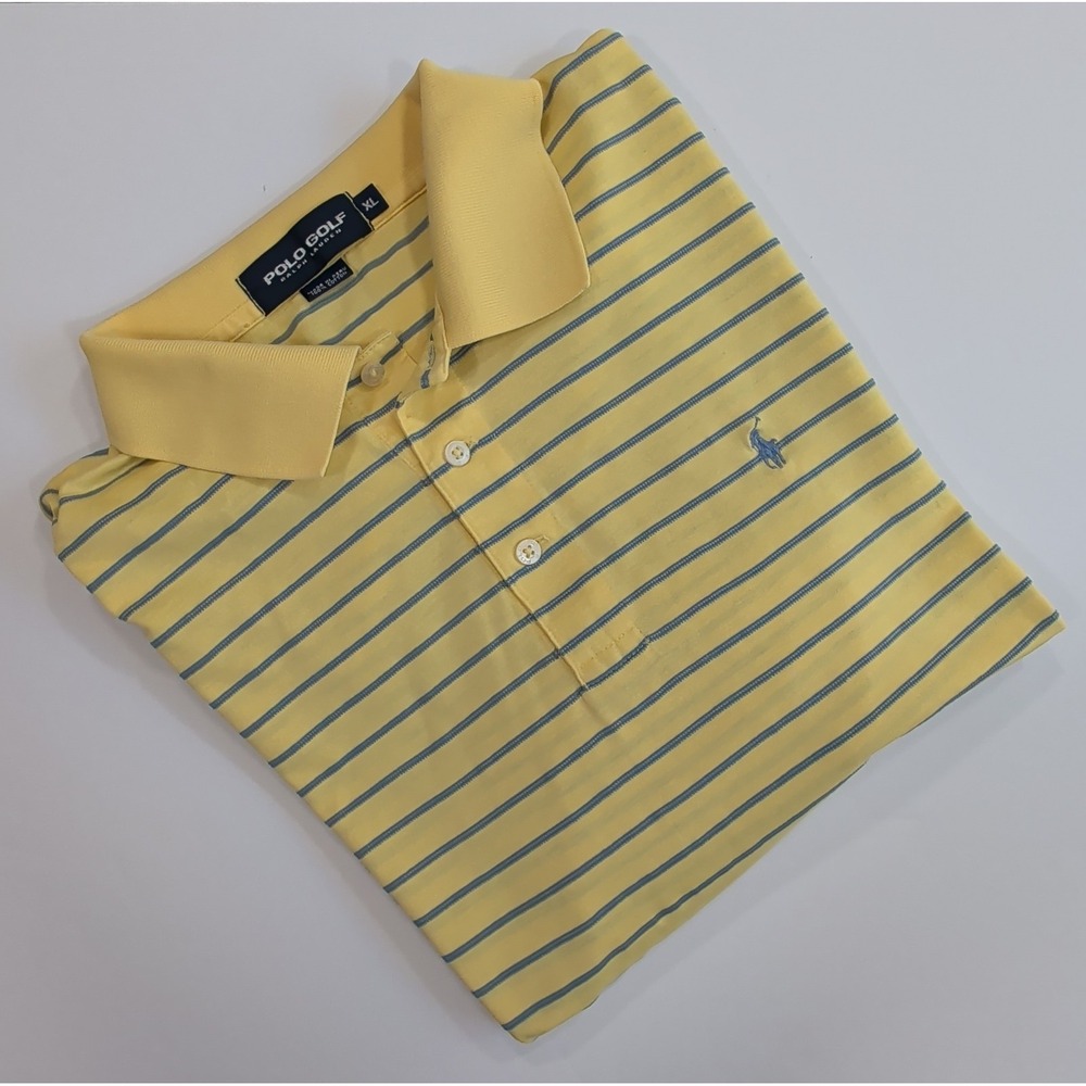 Ralph Lauren Polo Golf Shirt Men's XL Yellow Blue Striped‎ Cotton Performance